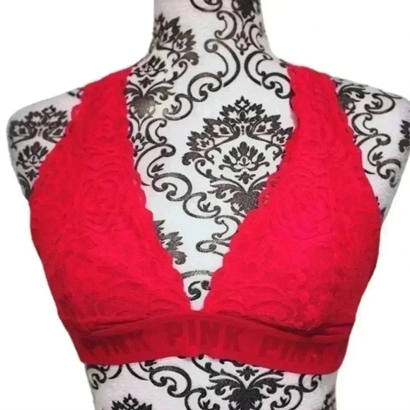 VICTORIA'S Secret Pink Bralette Lipstick Red Lace Logo Band T Back Women's Med - Picture 2 of 11